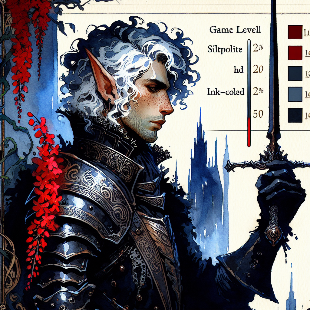 Elven warrior in ornate armor with white curls, holding a sword beside a blue fantasy city backdrop.