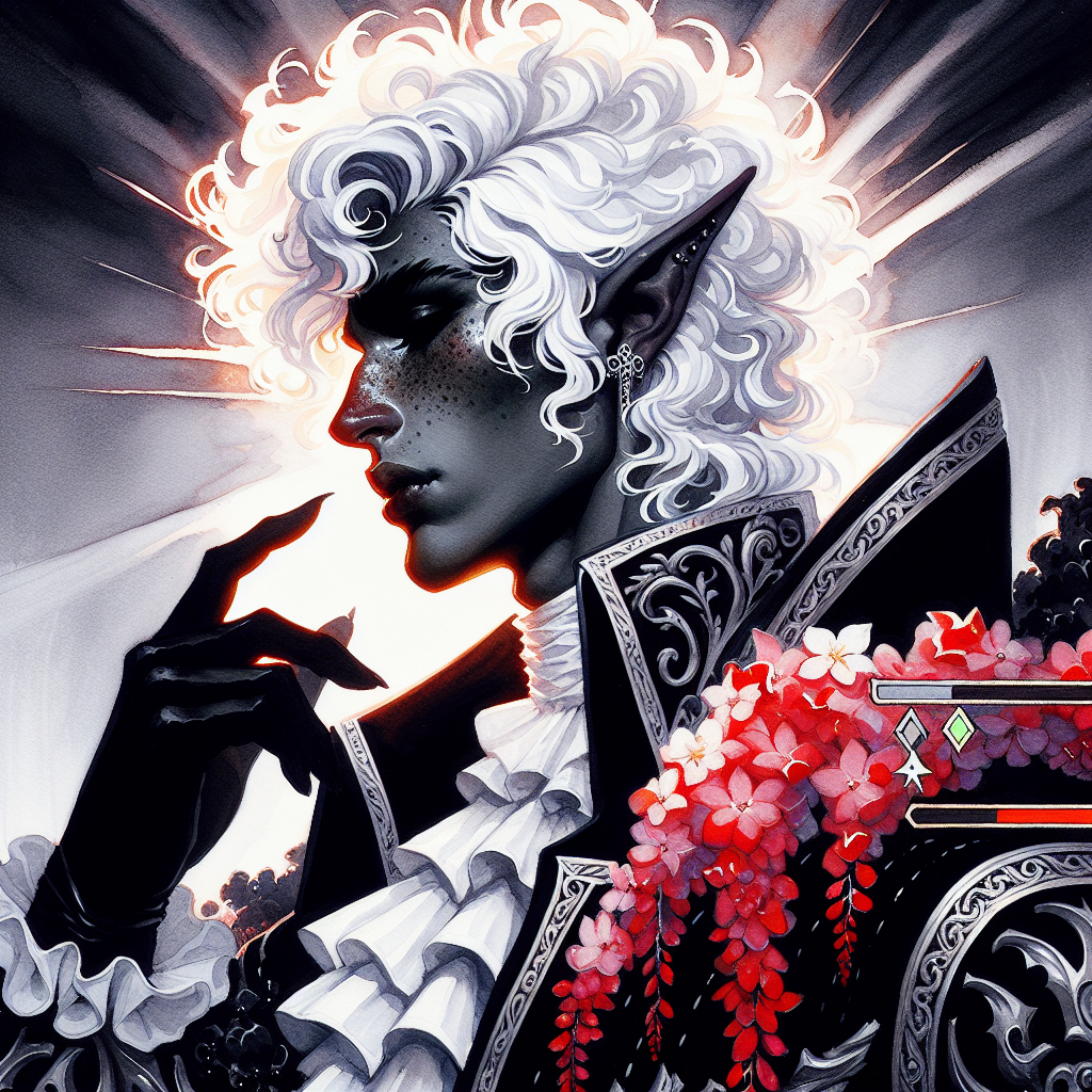 Dark elf/vampire figure with white curls, ornate Victorian armor, and pink floral garlands.