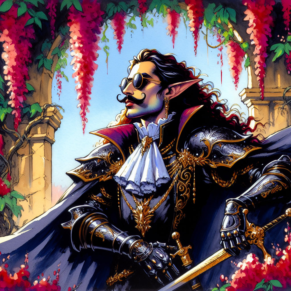 Elegant armored vampire aristocrat with sunglasses in a garden of hanging red flowers.