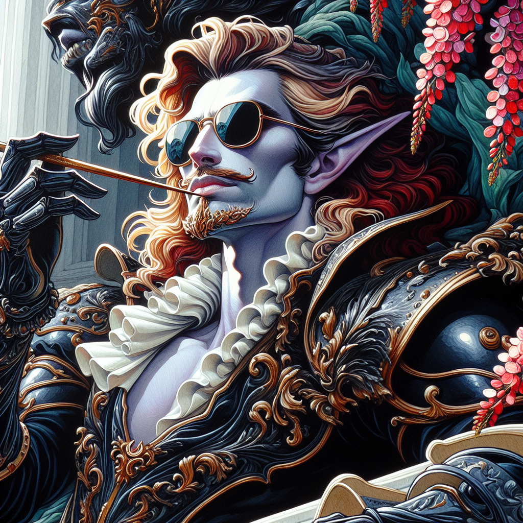Ornate fantasy elf in rococo armor with sunglasses, smoking a decorative pipe, vibrant mural-style detail.