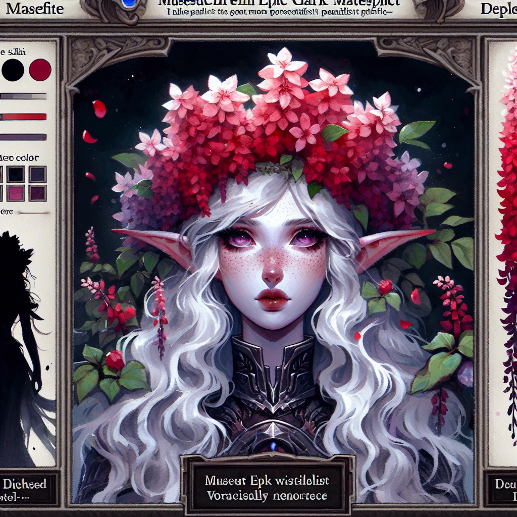 Fantasy elf woman with flowing white hair and a vibrant pink flower crown framed by ornate art.