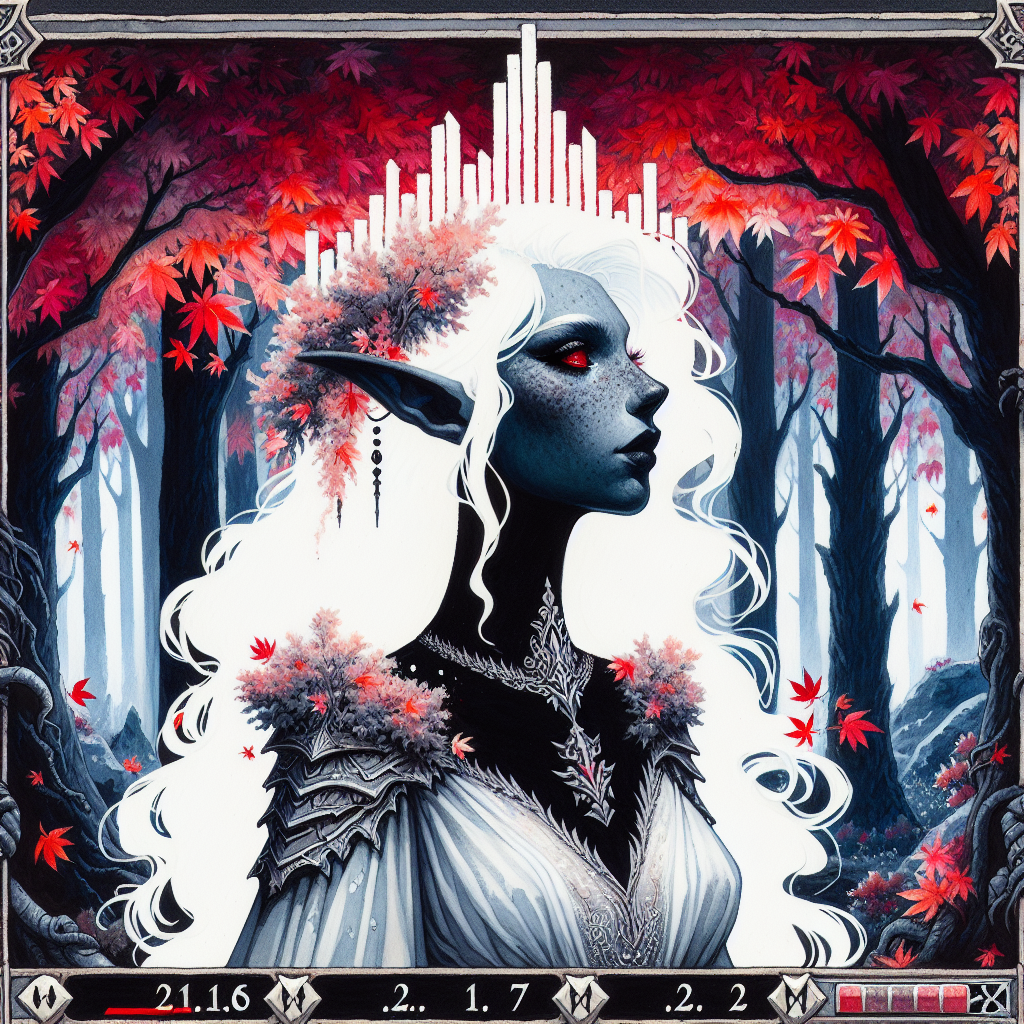 Blue-skinned elven queen with long white hair in a forest of red autumn leaves and ornate armor.