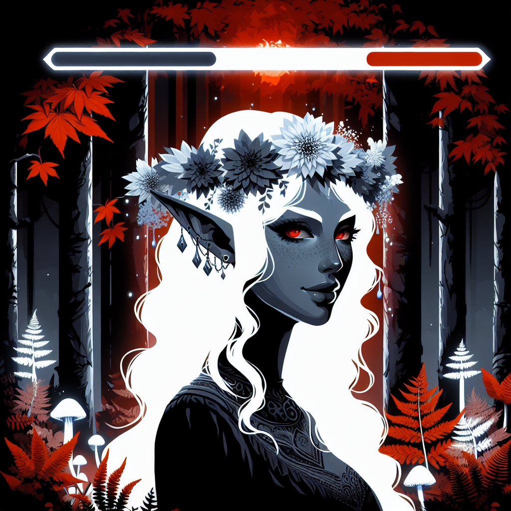 Fantasy portrait of a dark elf woman with white hair, red eyes, and a flower crown in a red-black forest.