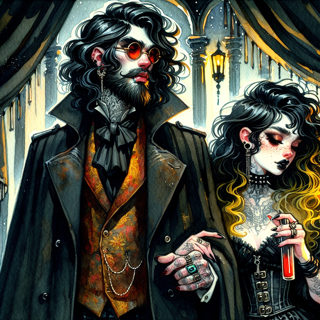 Gothic Victorian couple in dark coats, ornate waistcoat, red glasses, and tattooed woman with a test tube.