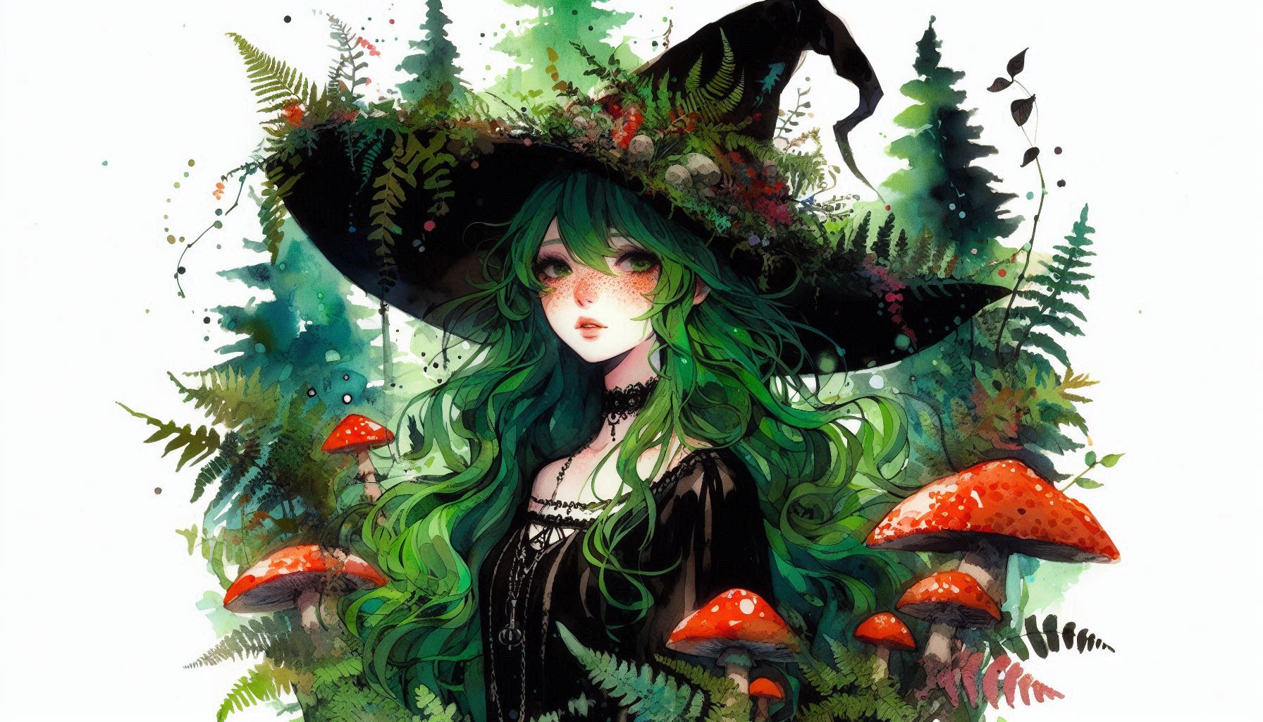 Illustrated witch with emerald hair and a black hat among forest ferns and red mushrooms.