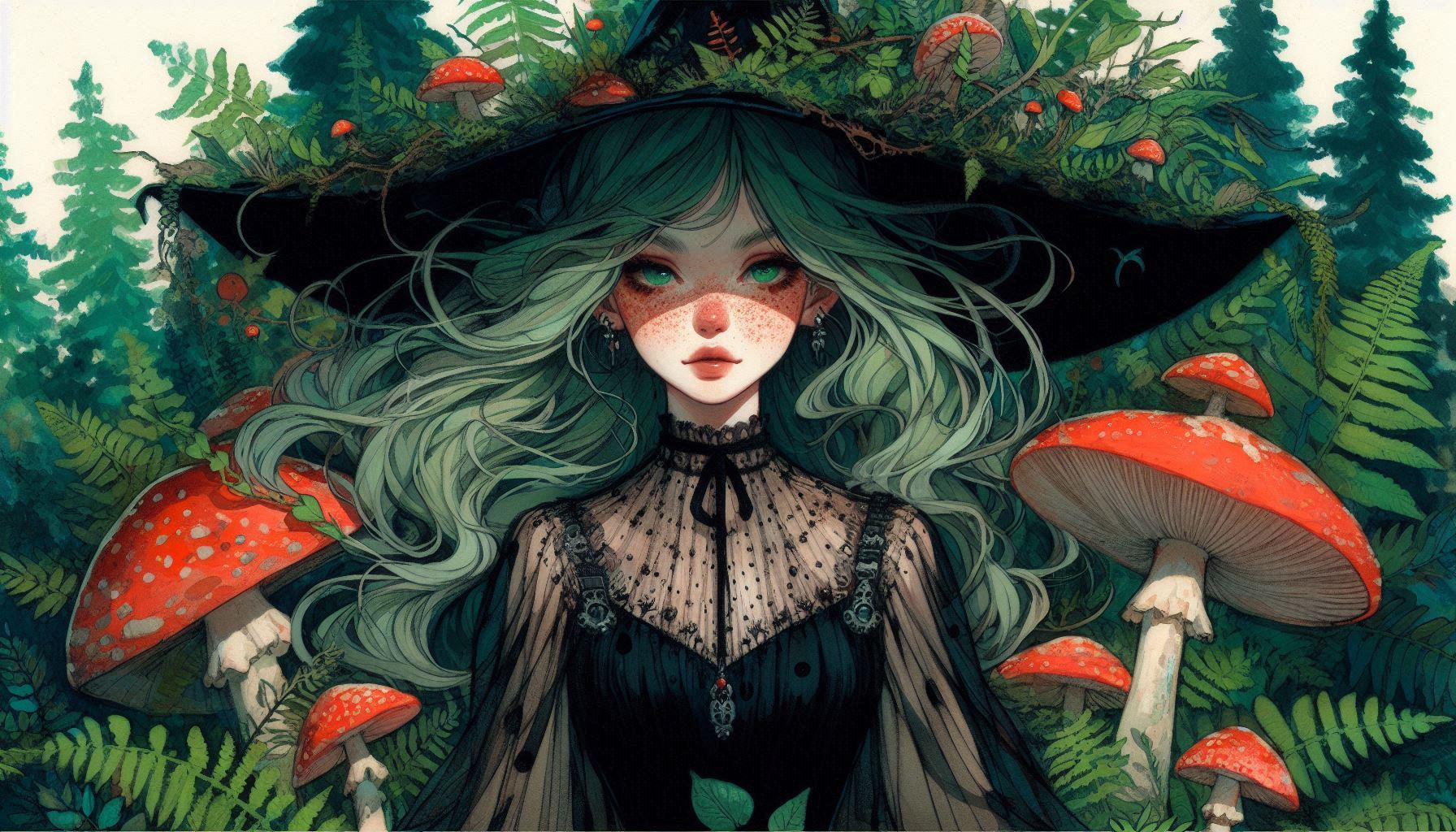 Stylized portrait of a pale girl with long green hair and a large black hat, surrounded by red mushrooms in a lush forest.