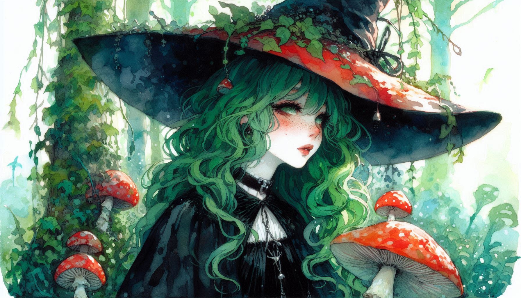 Fantasy illustration of a girl with green hair wearing a black witch hat among red mushrooms in a lush forest.
