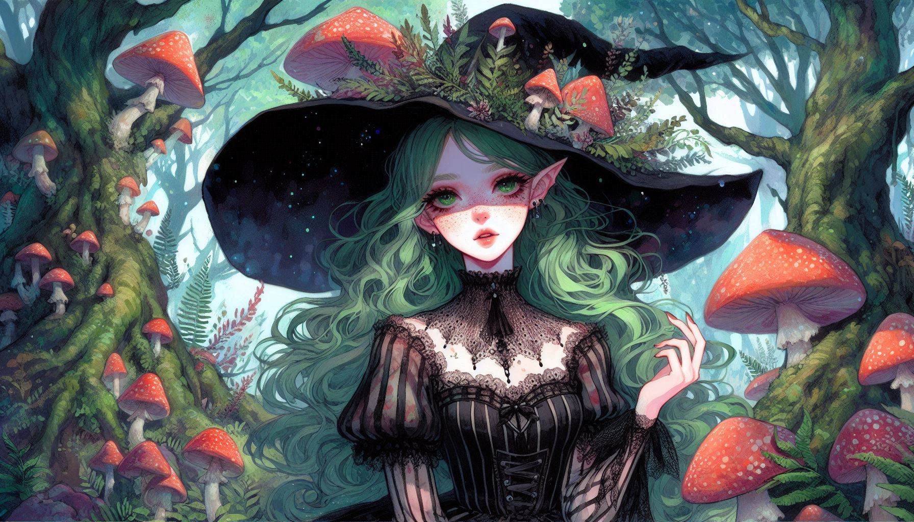 Fantasy elf girl with green hair in a black witch hat among luminous red mushrooms in a lush forest.