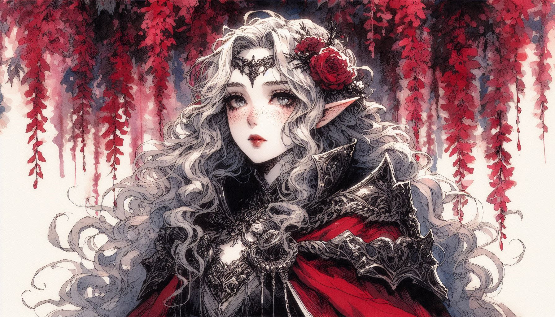 Fantasy elf woman with silver hair in ornate armor and red cape, floral crown.