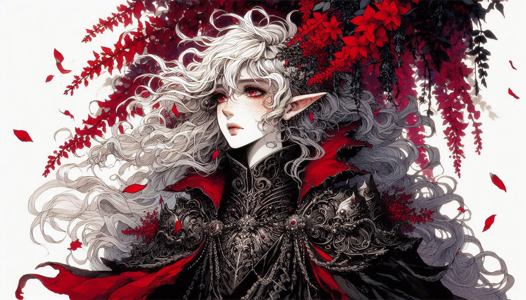 Elven character with silver hair, red eyes, ornate black armor and red cape among red flowers.