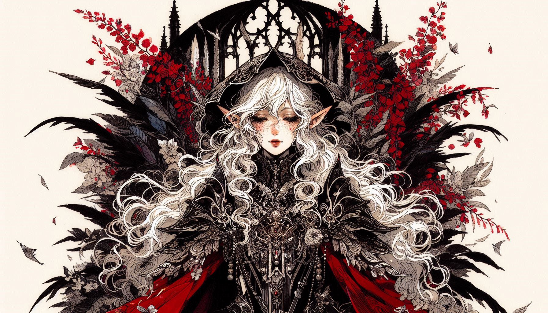 Elf-like woman with long white hair in ornate gothic armor and red cape amid a dark floral backdrop.