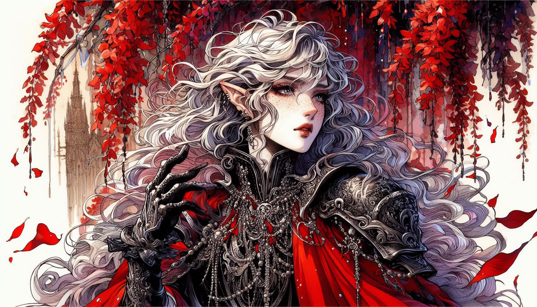 Fantasy elven woman in ornate black armor with silver hair and a red cape amid falling red leaves.