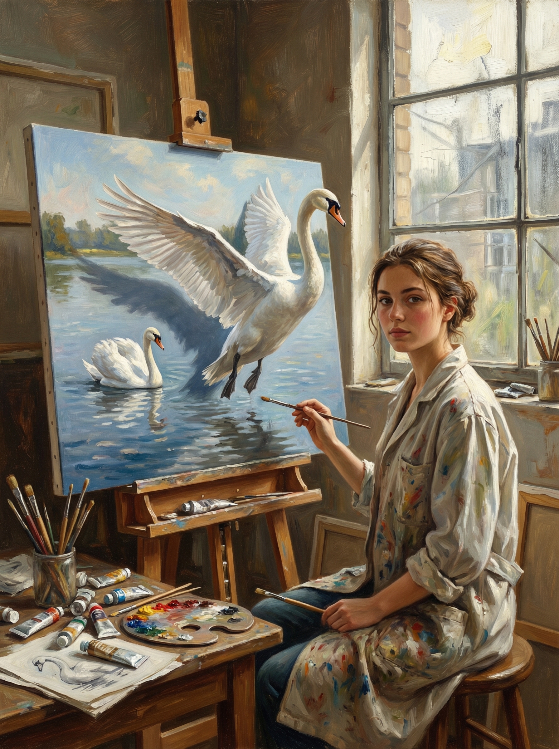 Female painter in a sunlit studio paints a swan-on-lake scene on a canvas.