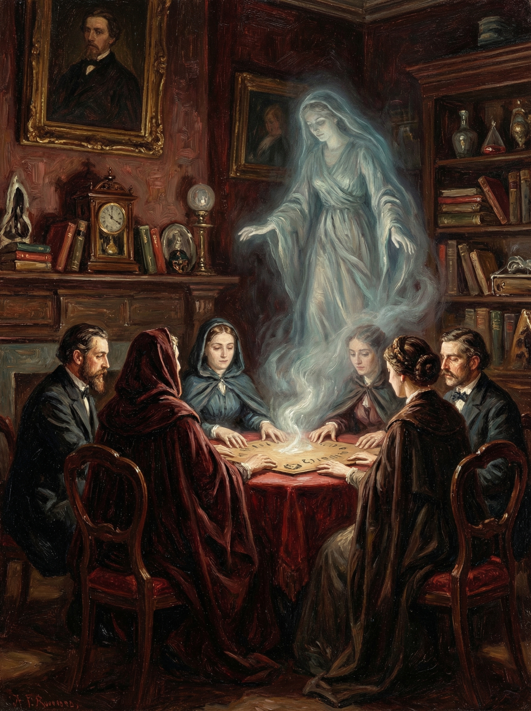 A ghostly translucent figure hovers over a Ouija board as six people sit around a red-clothed table in a dim Victorian par...