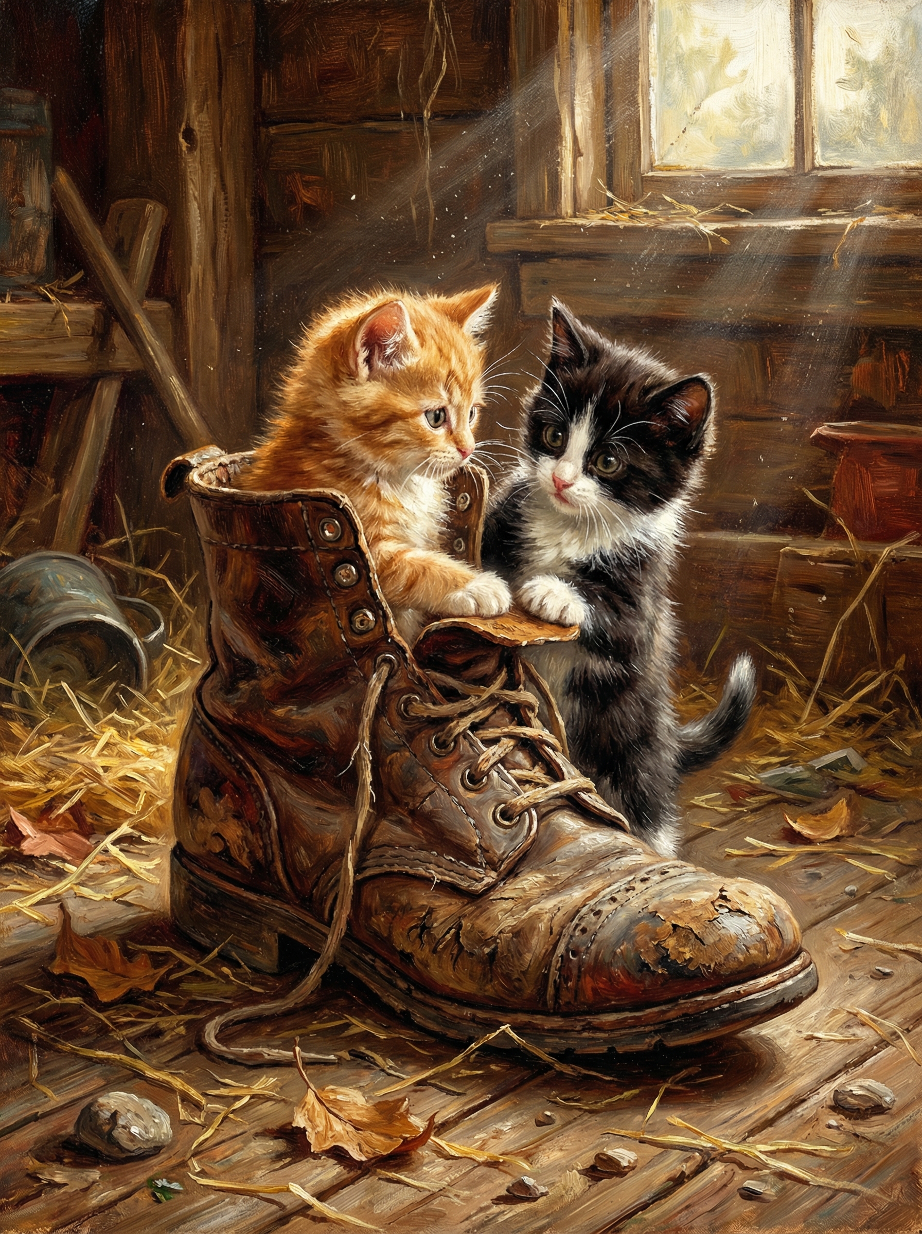 Two playful kittens perched inside a worn leather boot in a sunlit rustic barn.