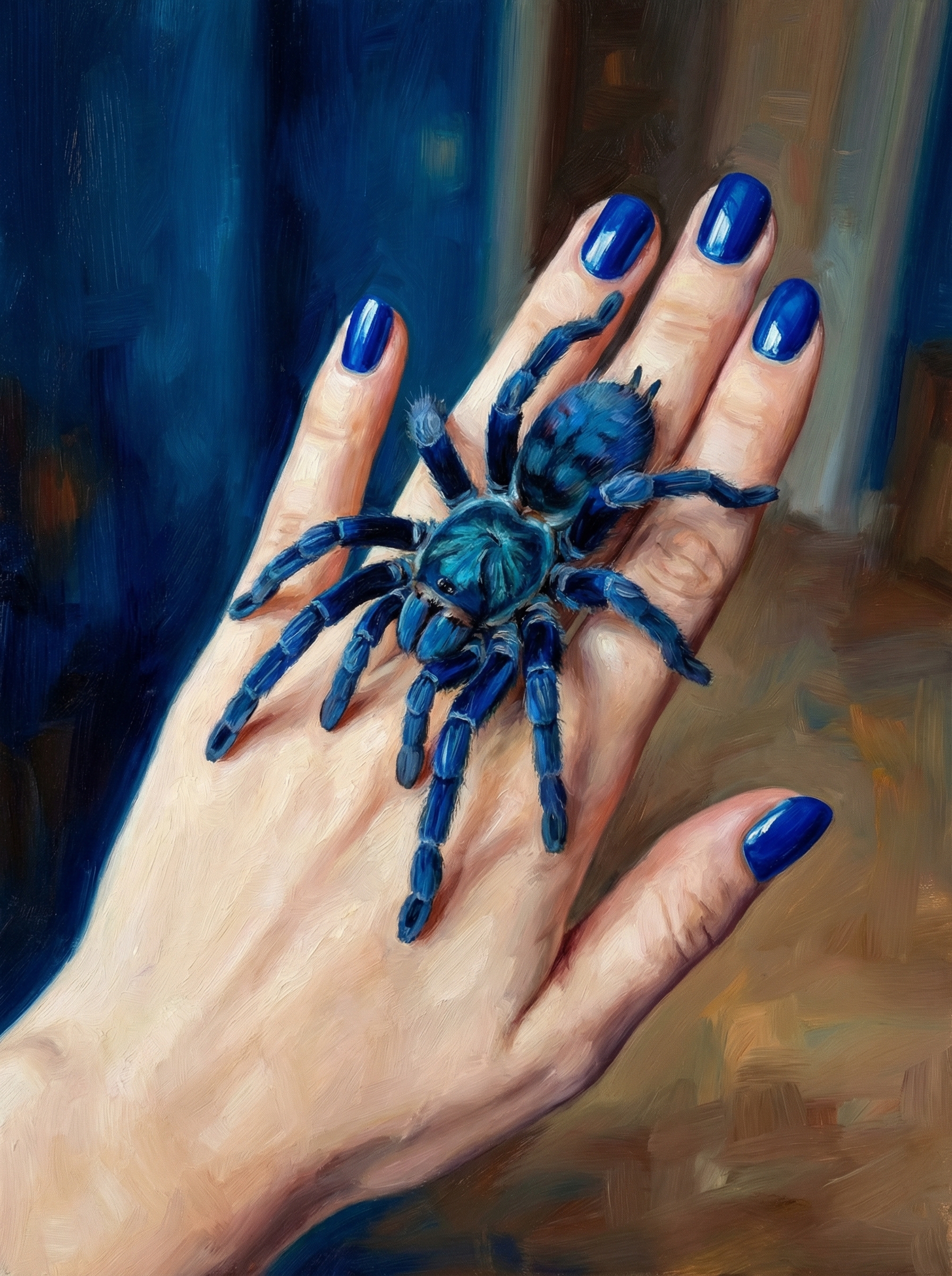 Blue tarantula on a hand with cobalt blue nails in a painterly style