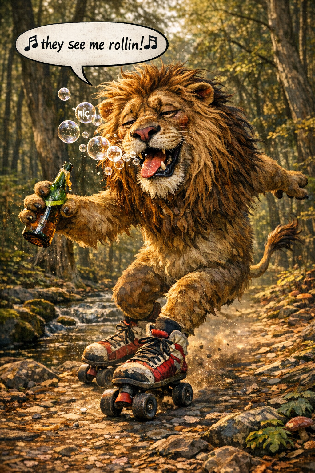 Cartoon lion roller-skating in a forest path with bubbles and a beer bottle.