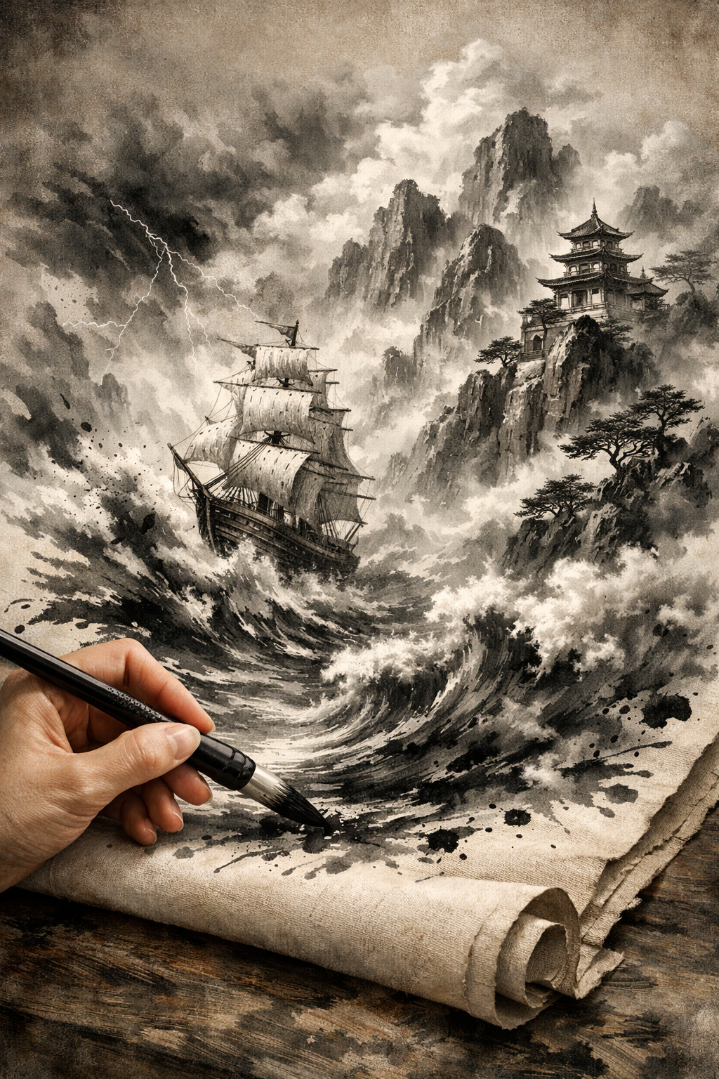 Traditional ink wash painting of a ship amid stormy seas and mountains, brushed on a rolled scroll.