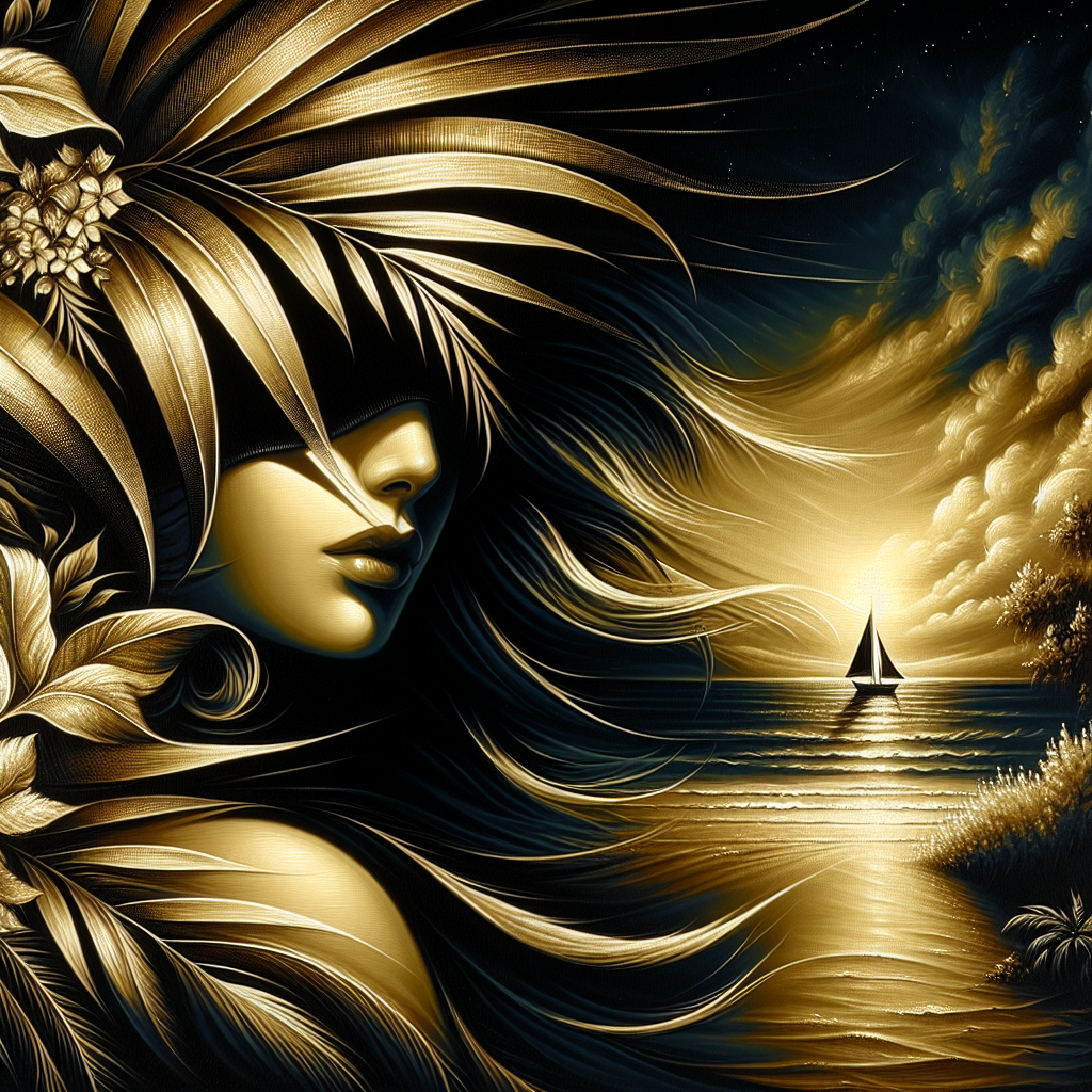 Golden-haired woman with flowing hair and botanical accents beside a sunset sailboat on golden waves.