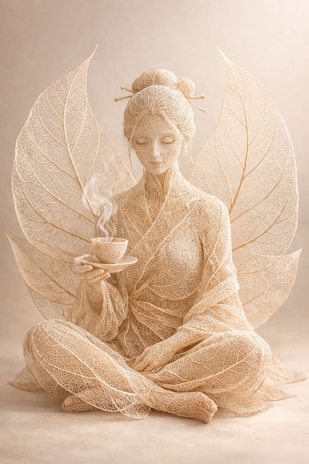 Ethereal lace fairy with leaf-vein wings, seated cross-legged and holding a steaming teacup.