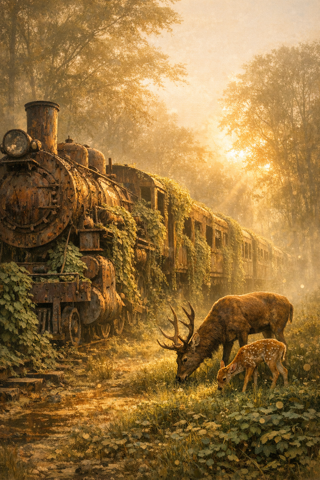 Old steam locomotive overgrown with ivy beside a forest, with deer grazing in warm golden light.