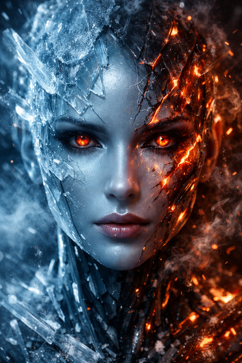 Split-ice and fire portrait of a woman with icy blue left half and fiery orange right half, glowing red eyes