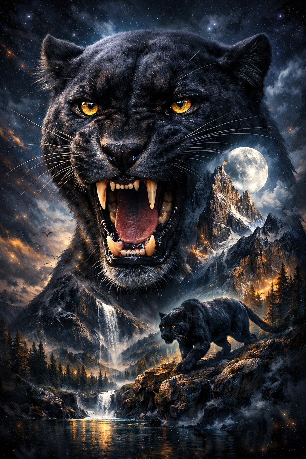 Ferocious black panther roaring in a dramatic mountainous landscape under a full moon