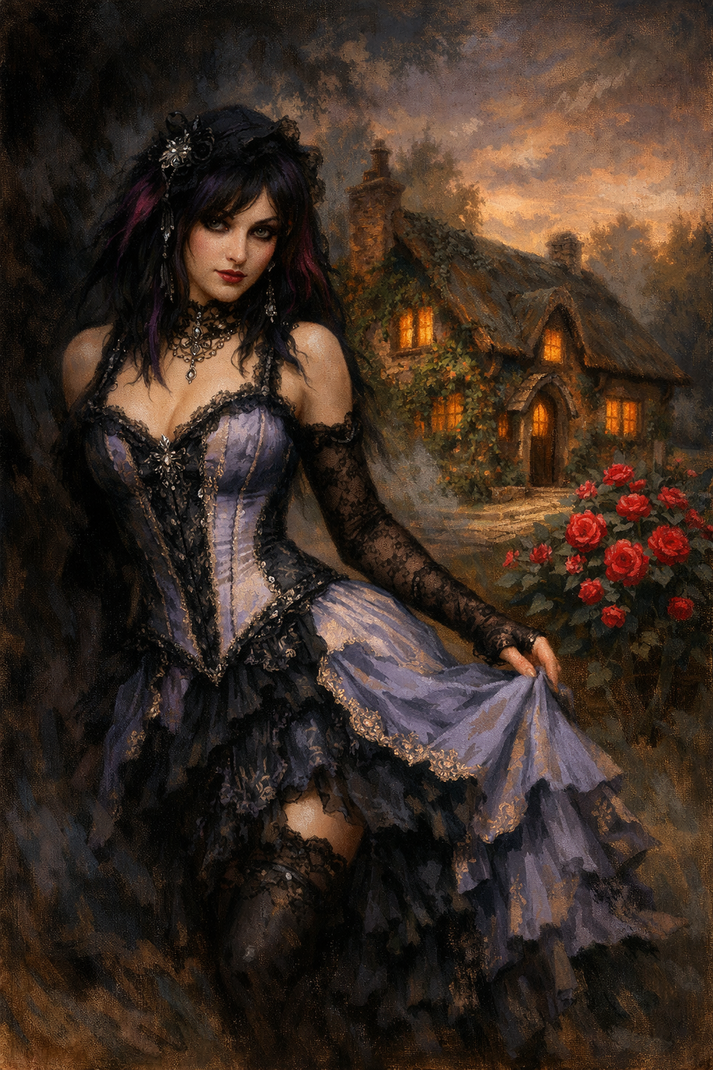 Gothic fantasy portrait of a woman in a lavender-black lace corset dress, standing beside roses with a warm-lit cottage in...