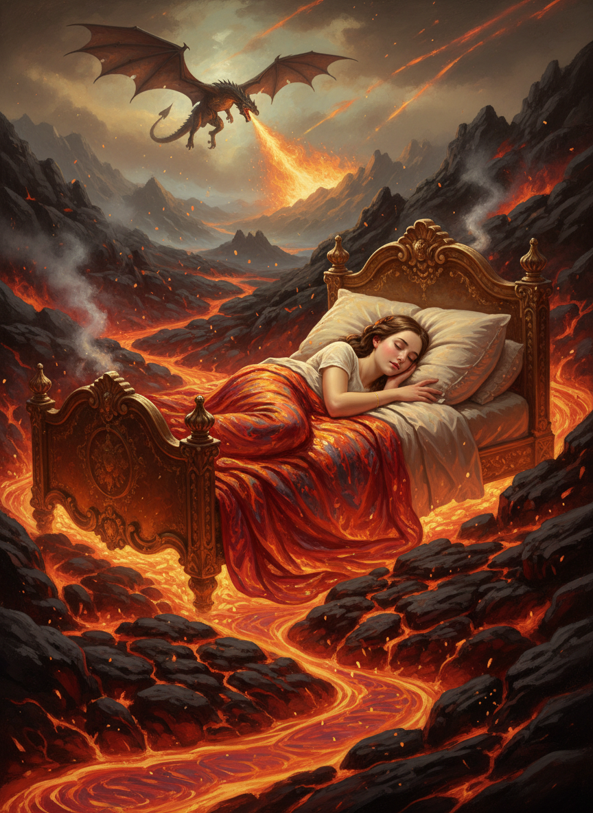 Sleeping woman on an ornate bed amid lava and a dragon in a volcanic landscape