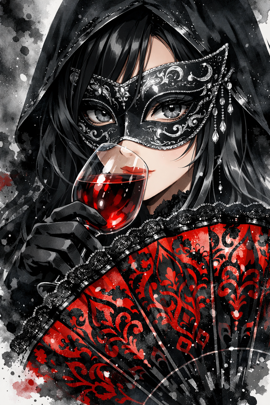 Anime-style woman in a detailed black masquerade mask, drinking red wine beside an ornate red-and-black lace fan.