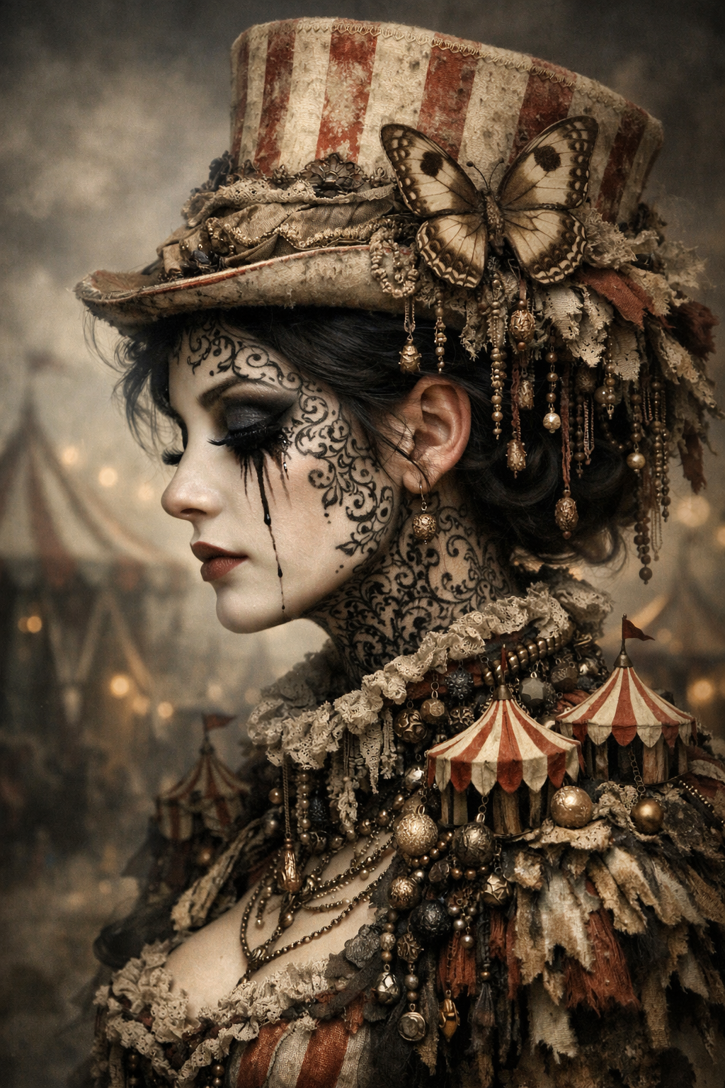 Portrait of a woman in vintage circus-inspired steampunk makeup and attire with a striped top hat and butterfly accessory.
