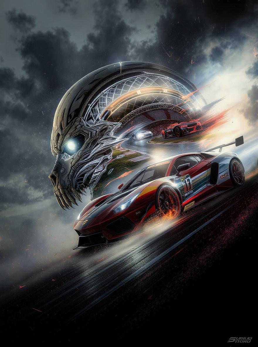 Futuristic race car with a dragon-headed portal arching over a neon, high-speed track.