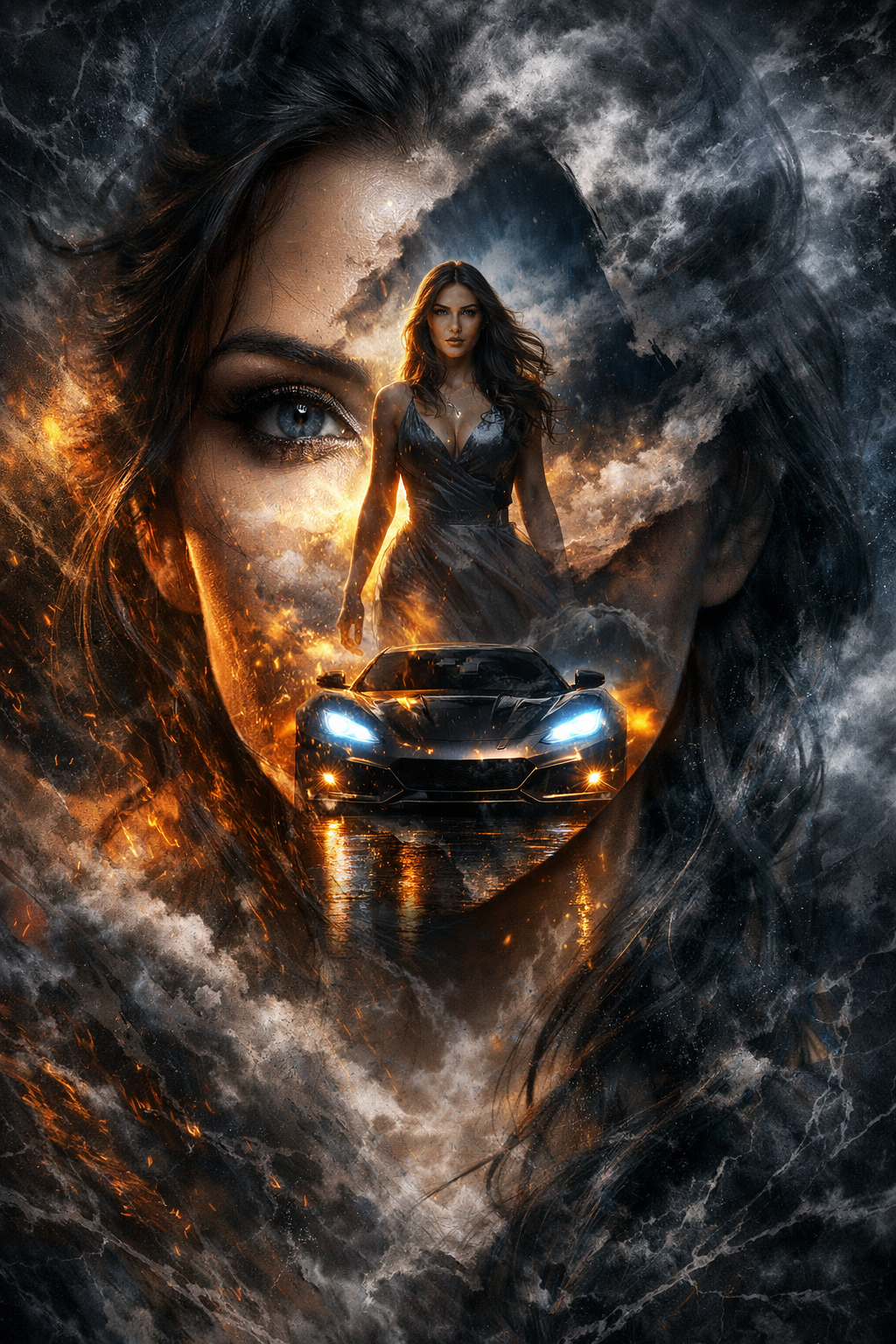 Fantasy composite of a woman with a sports car surrounded by dramatic smoke and flames.
