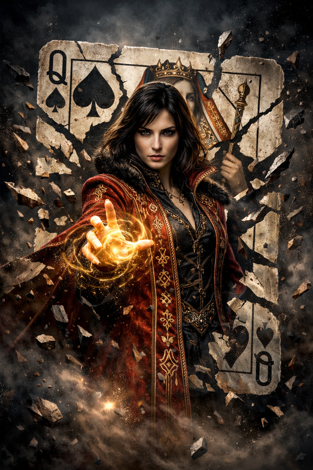 Fantasy sorceress queen in a red ornate cloak conjuring fire with a glowing hand, against a shattered playing-card backdrop.