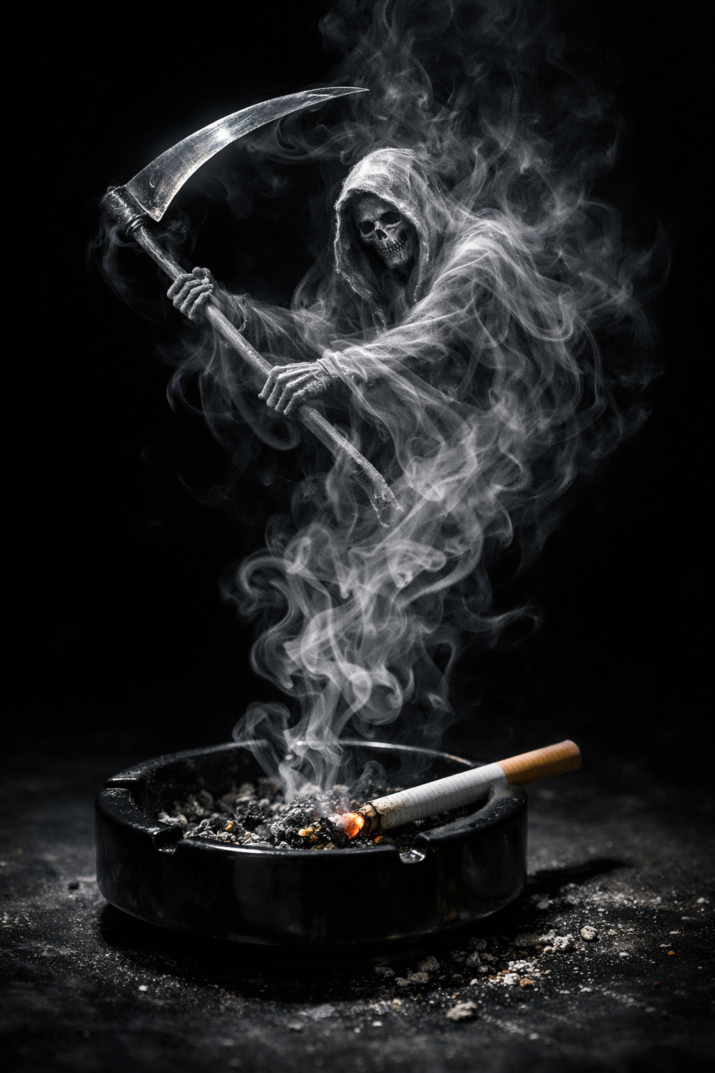 Grim Reaper with a scythe swirling in smoky wisps above an ashtray with a cigarette