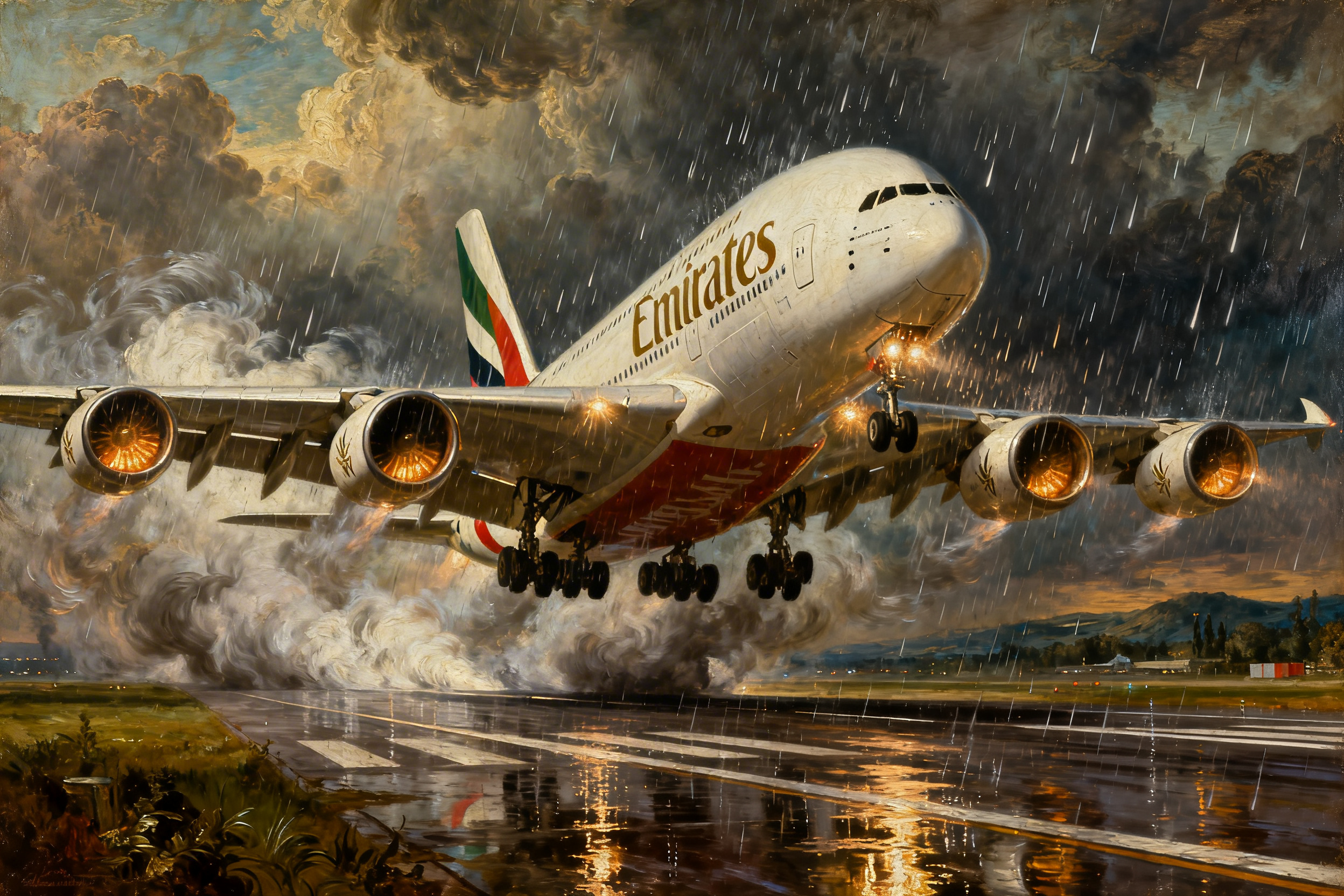 Emirates A380 taking off in heavy rain with water spray on the runway.