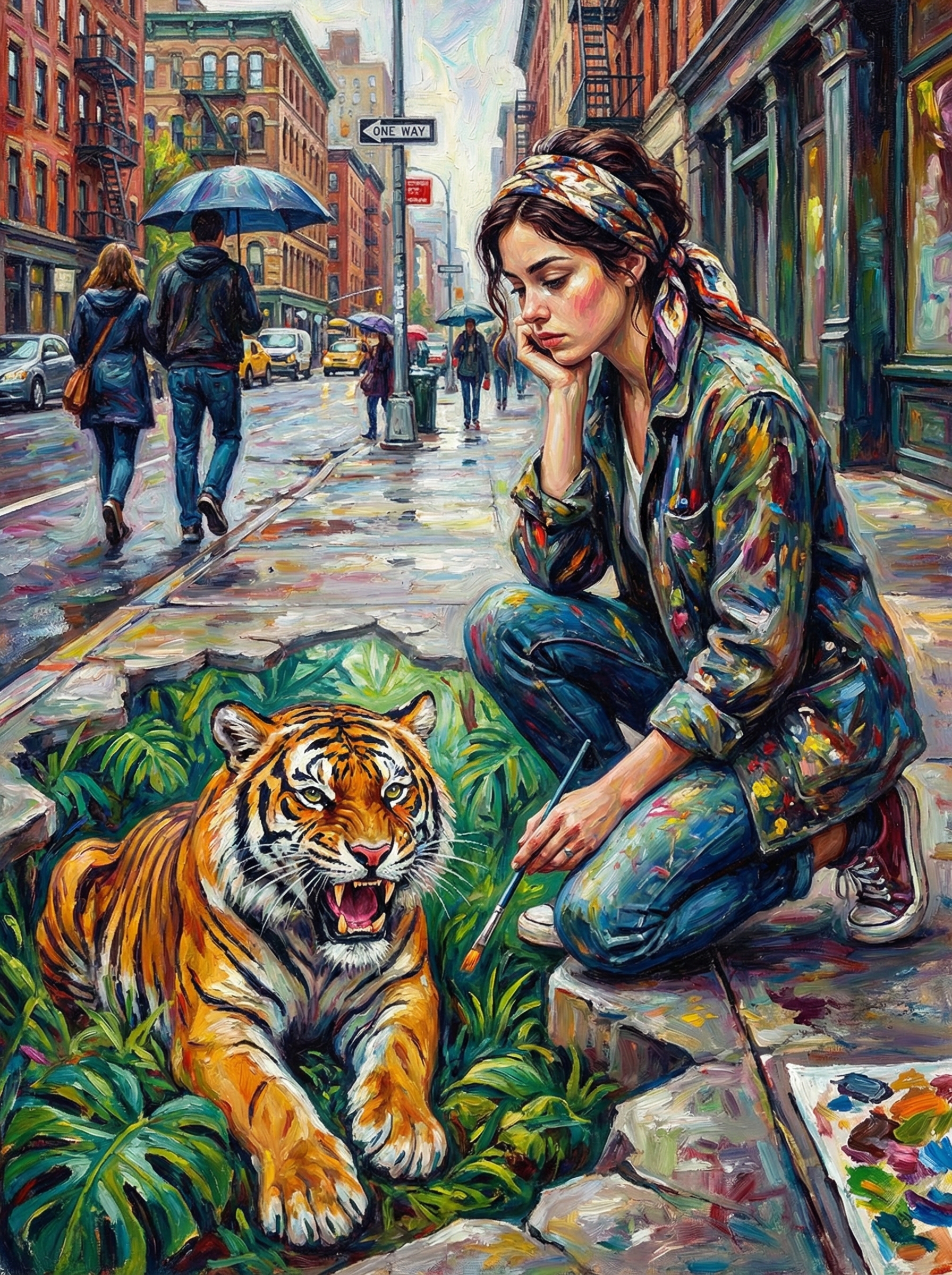 Painted urban scene of a young woman kneeling on a city sidewalk, painting a tiger in a lush planter amid rainy streets.