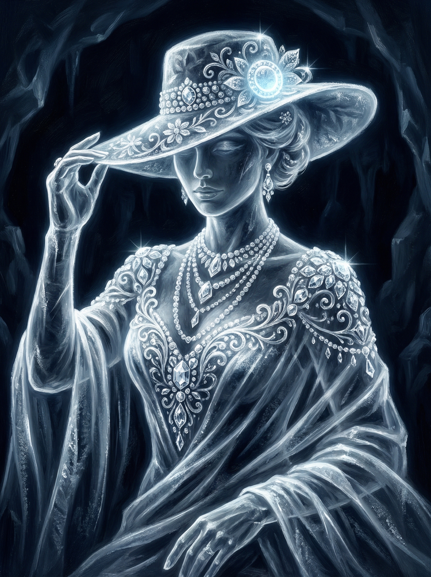 Elegant, jewel-encrusted woman in an ornate hat and flowing gown, rendered in icy, ethereal tones