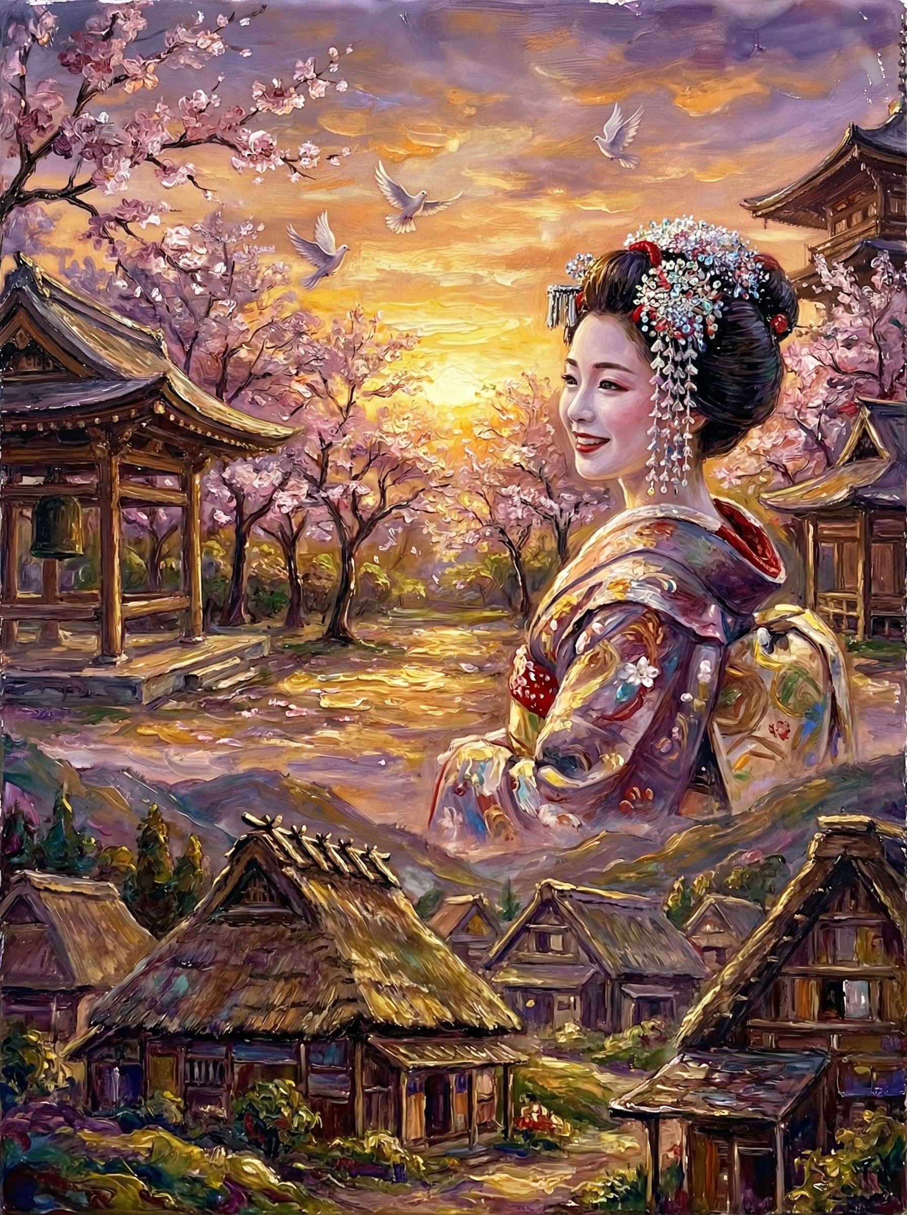 Geisha in a floral kimono against a sunset with cherry blossoms, traditional village, and pagoda.