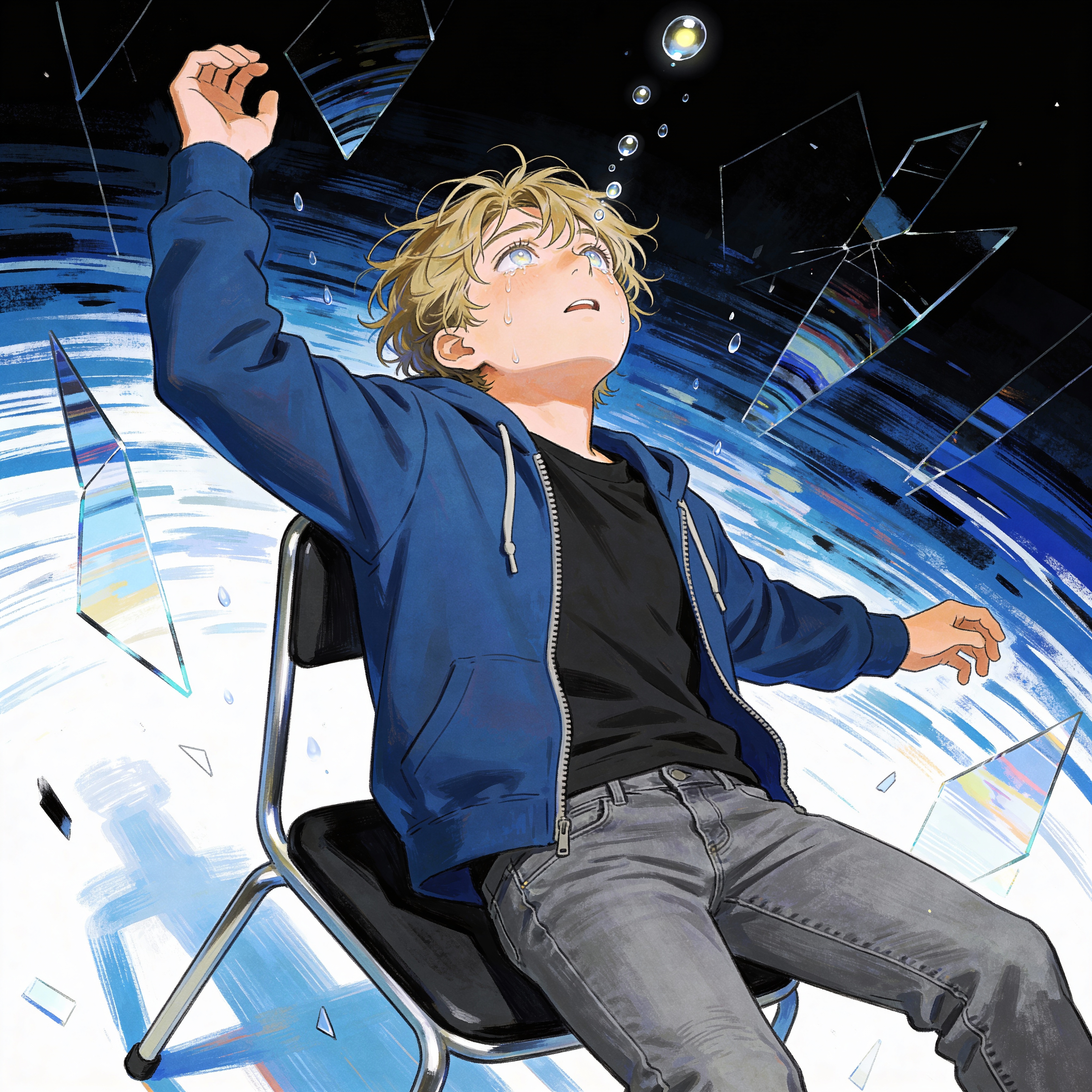 Young man in a blue hoodie seated on a chair, surrounded by shattered glass and water droplets, reaching upward.