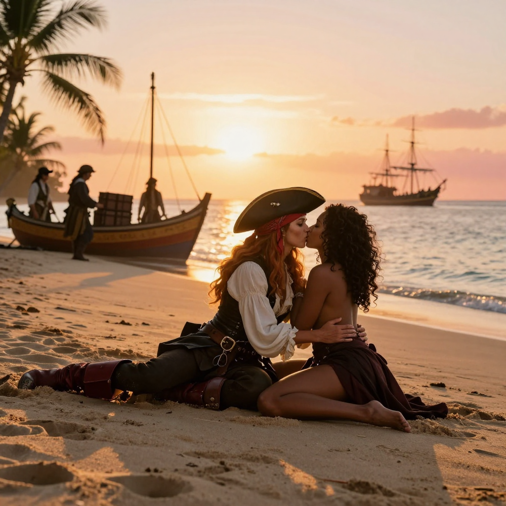 Two women in pirate costumes kiss on a sunset beach with ships in the background.