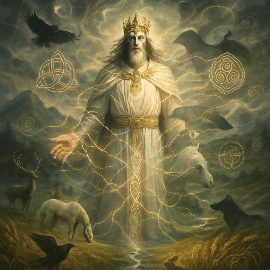 Majestic bearded king in white robes and a gold crown surrounded by glowing runes.