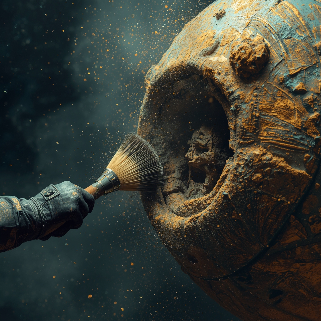 Underwater scene of a gloved hand scrubbing a large rusted wheel or buoy with a brush.