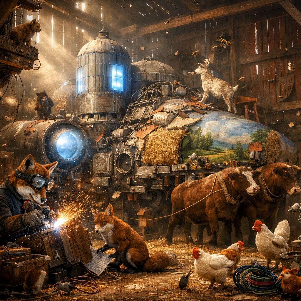 Steam-punk train in a rustic barn with animals including fox with welding goggles, horses, chickens, and a glowing engine.