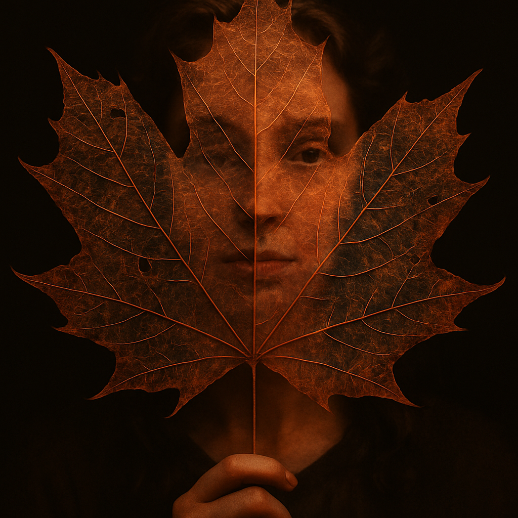 Person's face partially visible behind a large orange maple leaf in a dark, moody setting