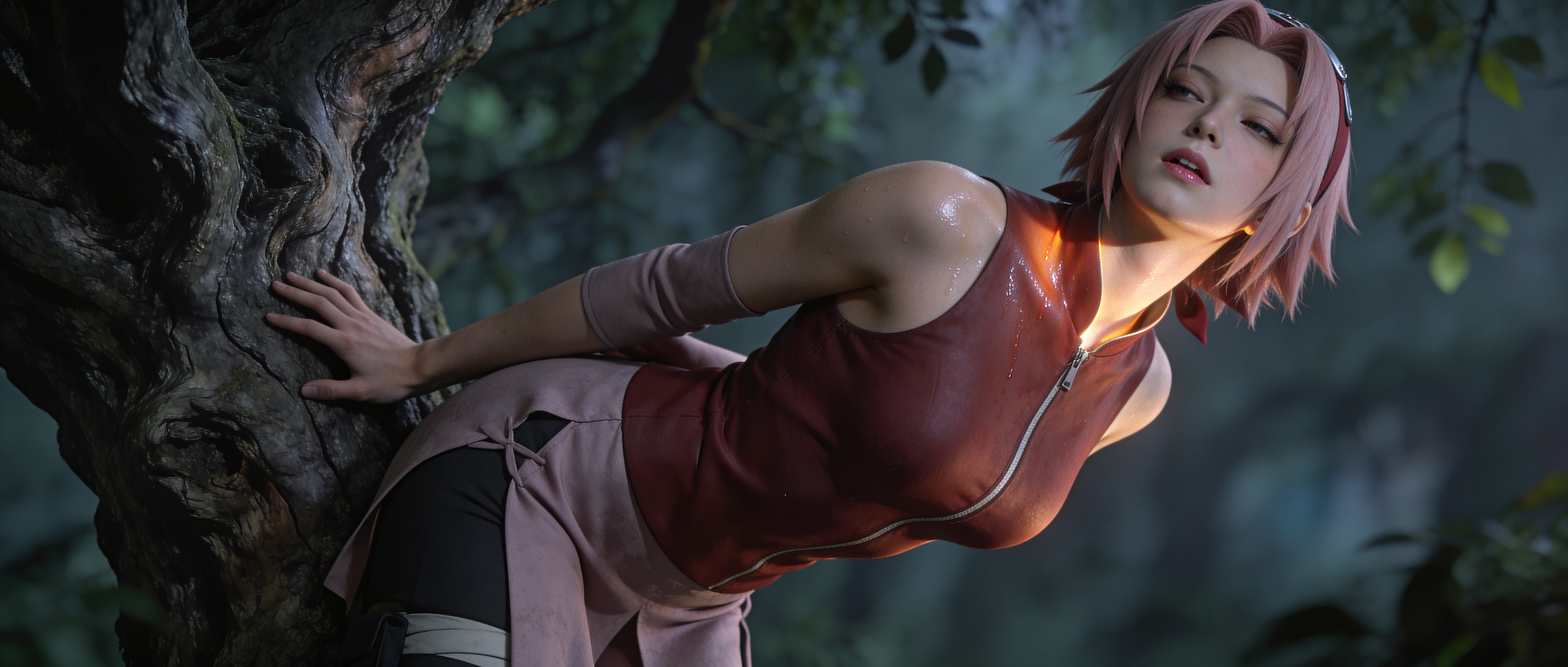 Cosplayer in a red sleeveless zip top leaning against a tree in a forest.