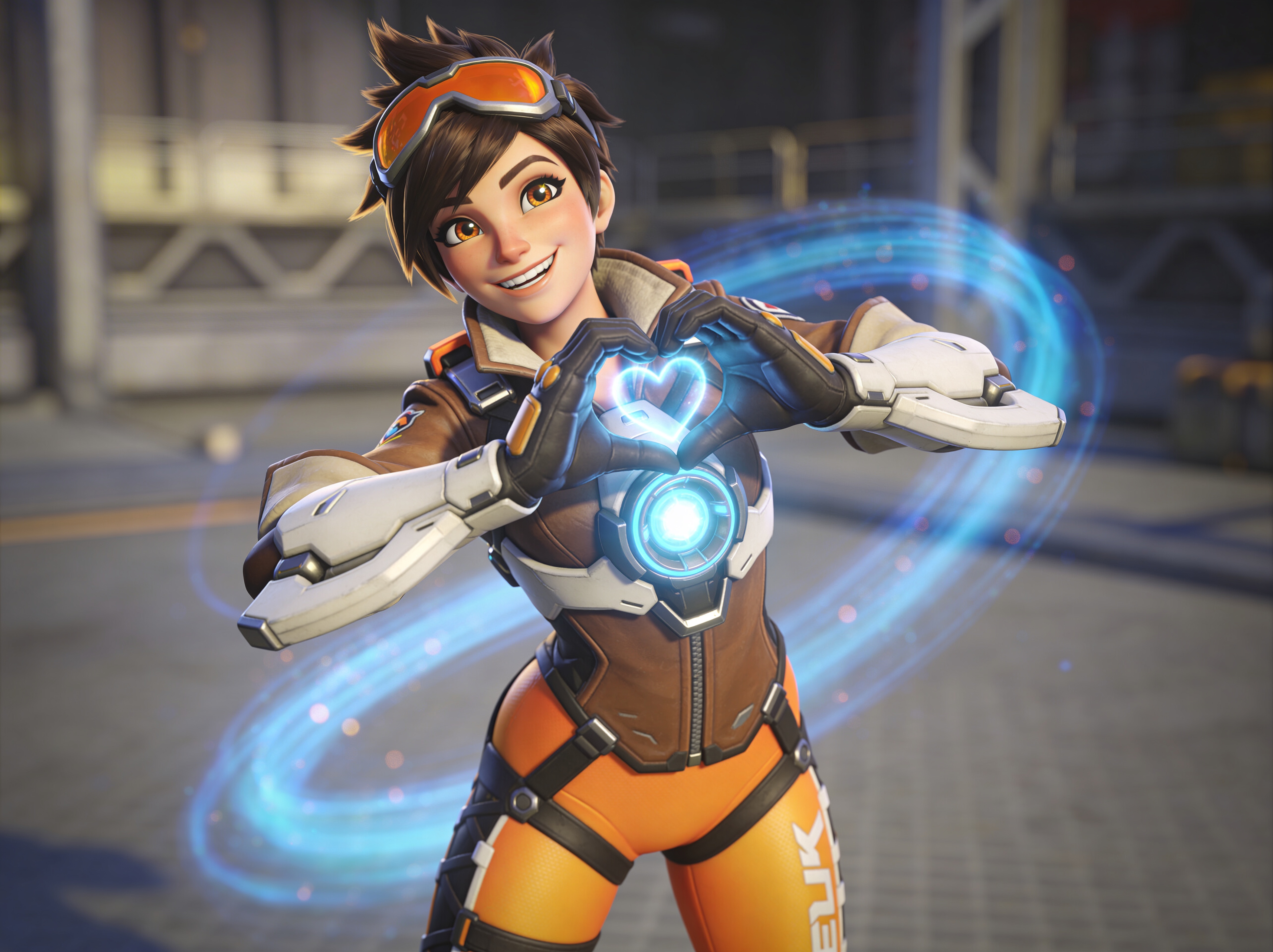 Animated female hero in an orange and white suit forming a glowing heart energy shield.