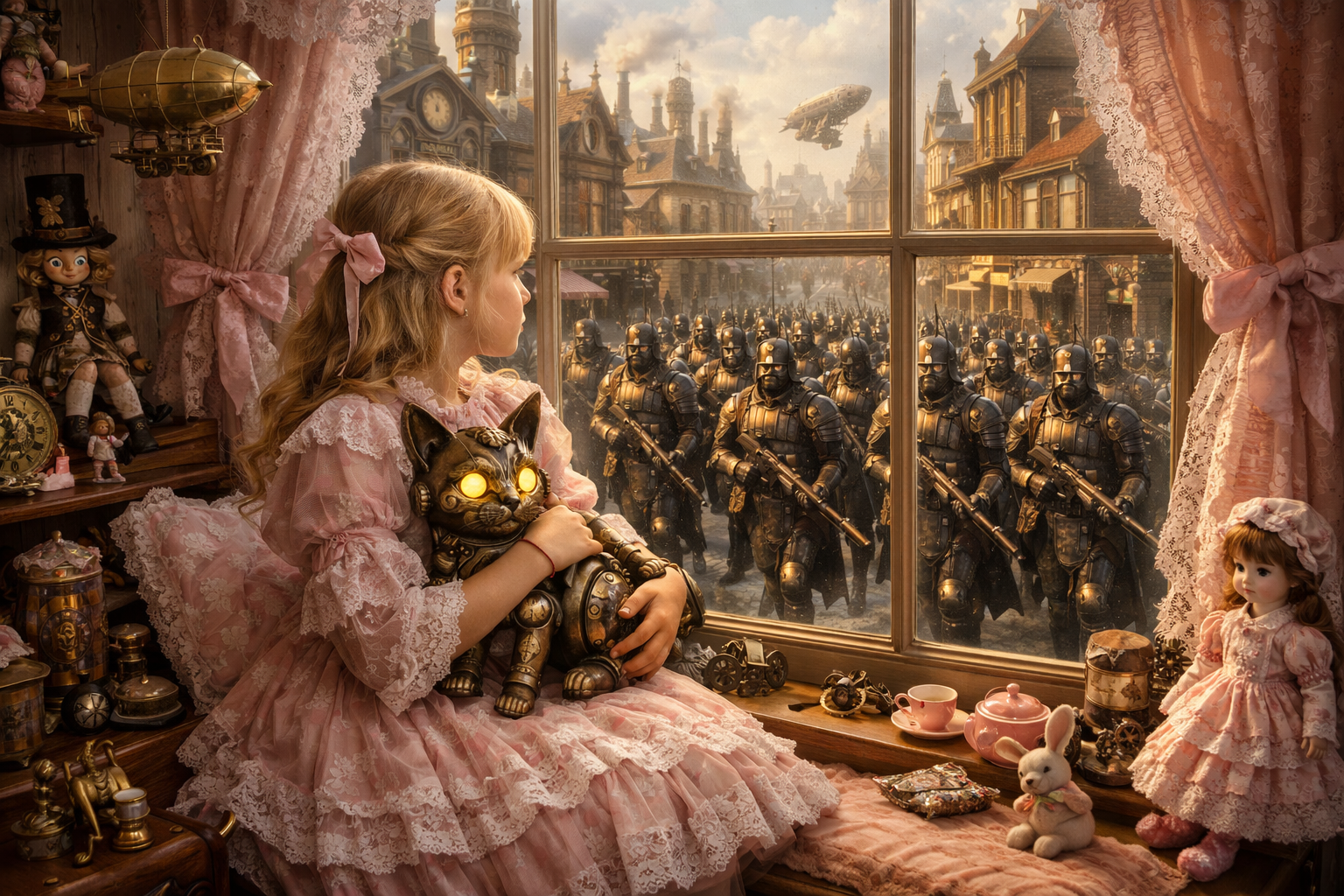 Girl in a pink lace dress holds a glowing-eyed steampunk cat toy while gazing at armored soldiers outside a Victorian window.