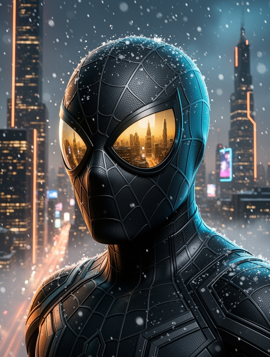 Spider-Man–inspired high-tech suit with reflective gold-cityscape visor in a snowy, neon-lit urban night.