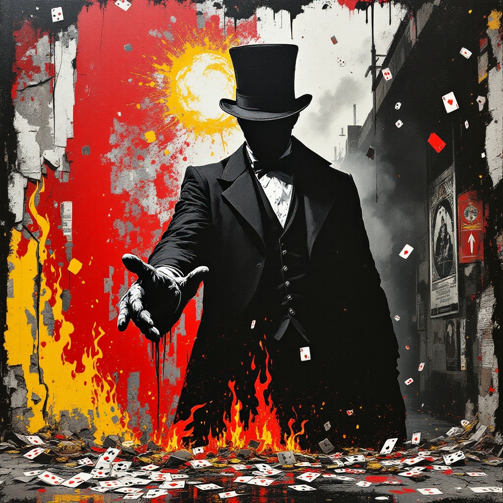 Silhouetted magician in a top hat reaches forward amid fiery street art and drifting playing cards.